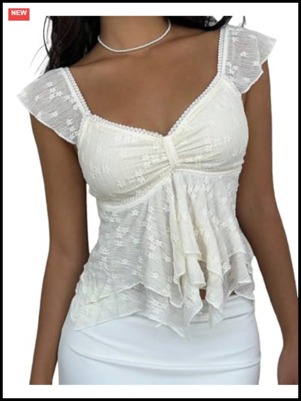 Y2K Ruffle Flowy Peplum Babydoll Crop Tank Cute Sheer Lace Sweetheart Neck Top